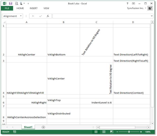 "Excel document with different alignment options