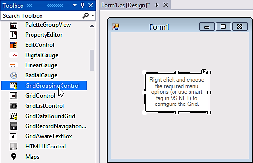 windows forms gridgroupingcontrol is dragged to designer page