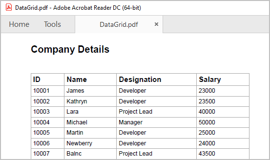 pdf document shows the document header