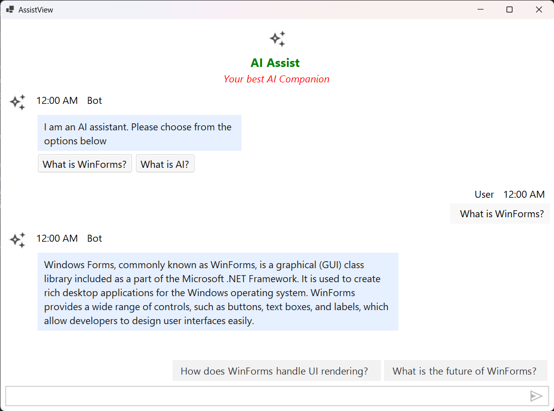 Windows Forms AI AssistView Control Custom BotView