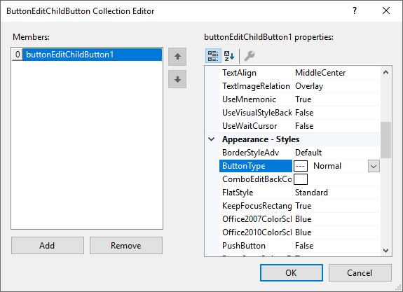 Showing Button child buttons collection editor
