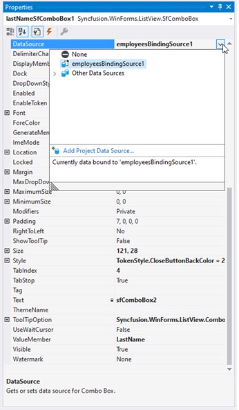 WinForms SfComboBox Datasource choosing through the visual studio
