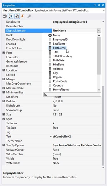 WinForms SfComboBox display member choosing through the visual studio