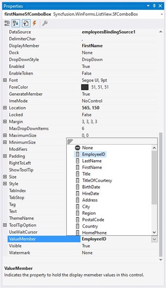 WinForms SfComboBox value member choosing through the visual studio