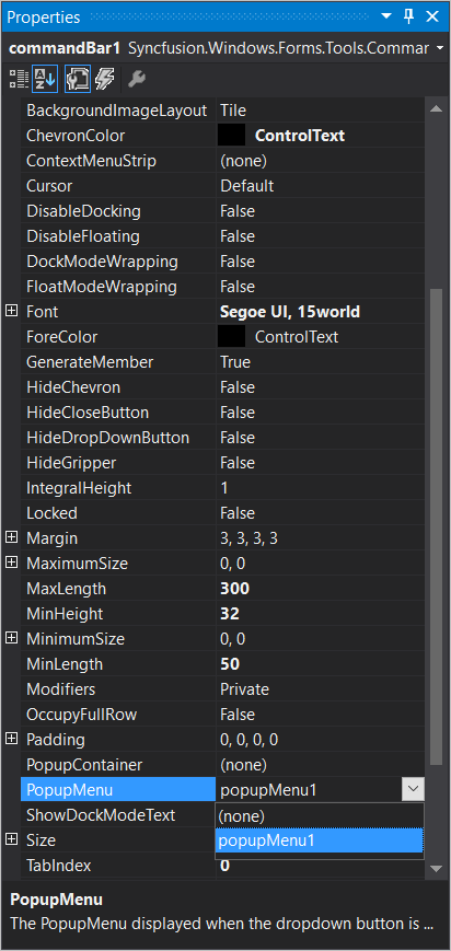Popup menu added to the command bar