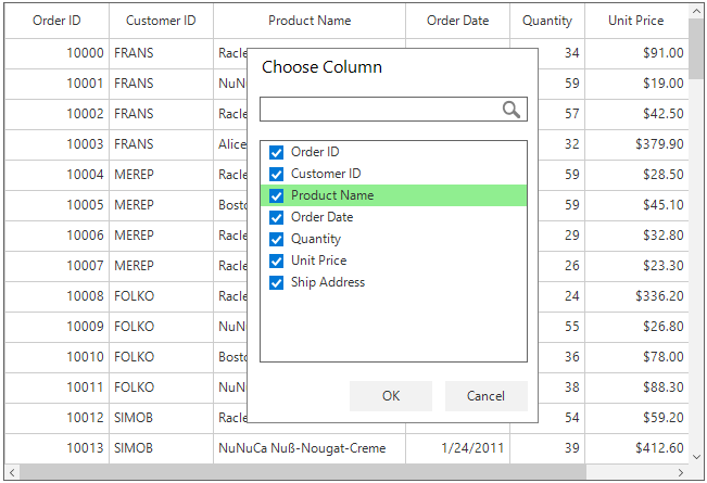 Windows forms datagrid displays column chooser appearance