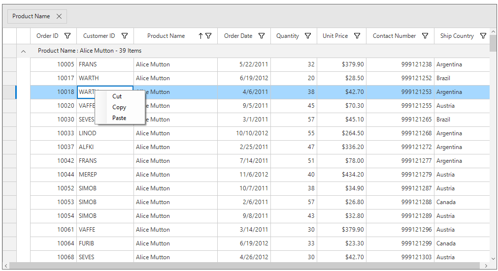 Windows forms datagrid displays context menu for the data row