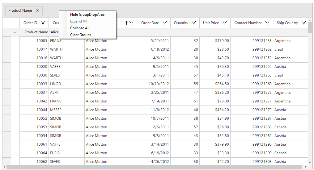Windows forms datagrid displays context menu for group drop area
