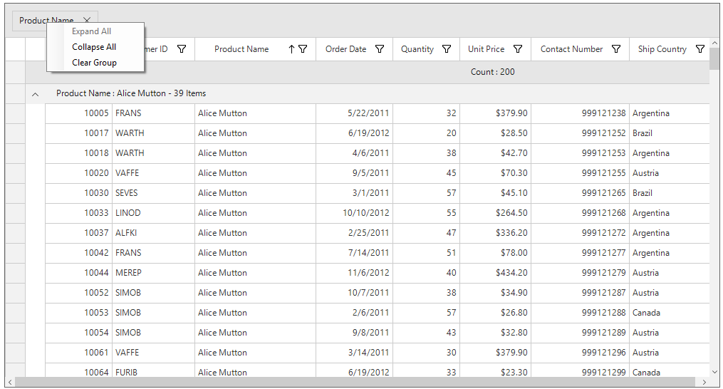 Windows forms datagrid displays context menu for group drop area item