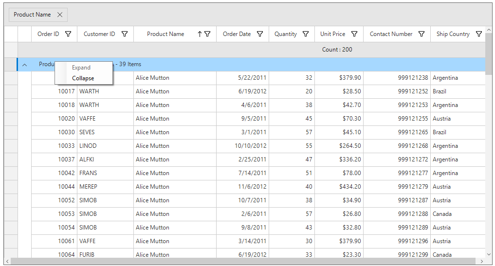 Windows forms datagrid displays context menu for group caption
