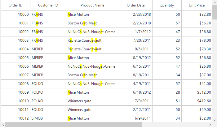 Windows forms datagrid displays search the specific string