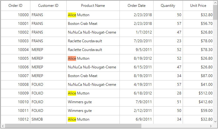 Windows forms datagrid displays navigate and highlight the text to match and previous text