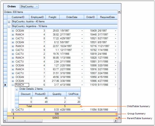 Summaries for Nested Tables and Groups in Data Representation for Grid Grouping Control