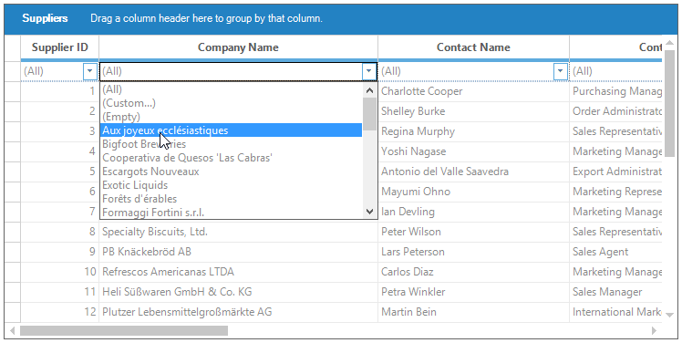 Filter enabled in the grid