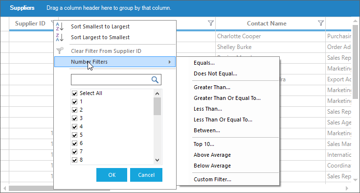 Number filter in ExcelLike filter