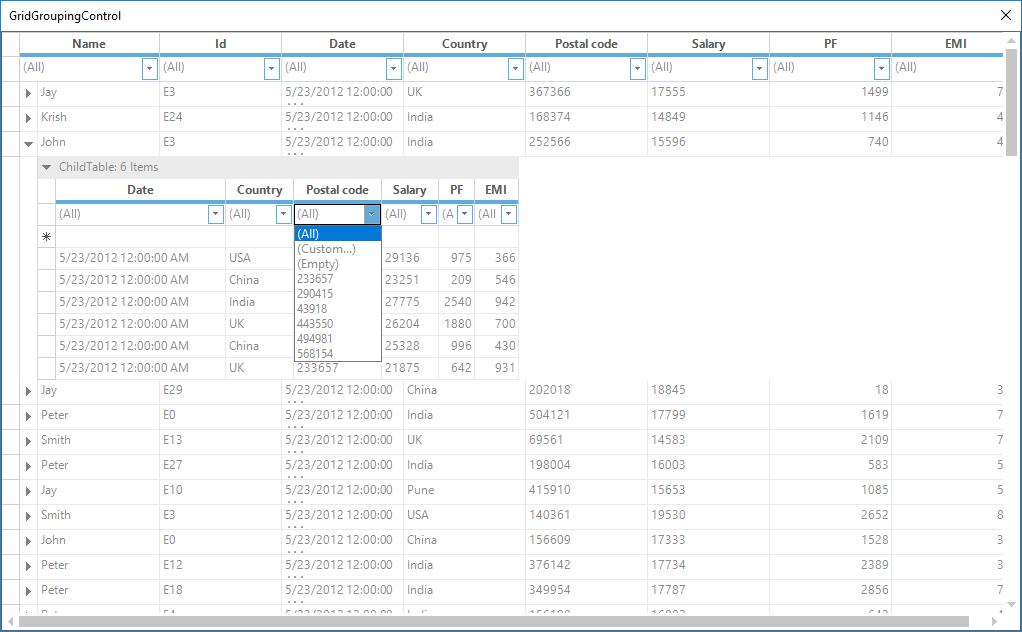FilterBar for ChildTable