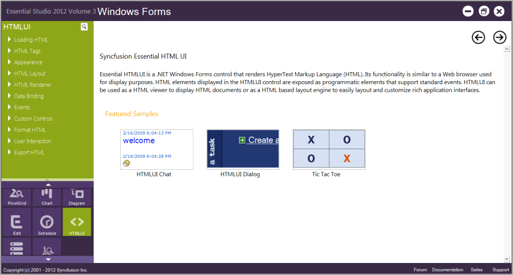 HTML UI samples displayed in the Sample Browser