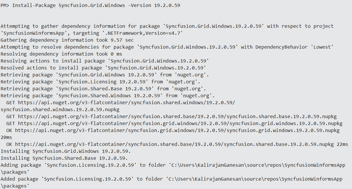 Package Manager Console Output