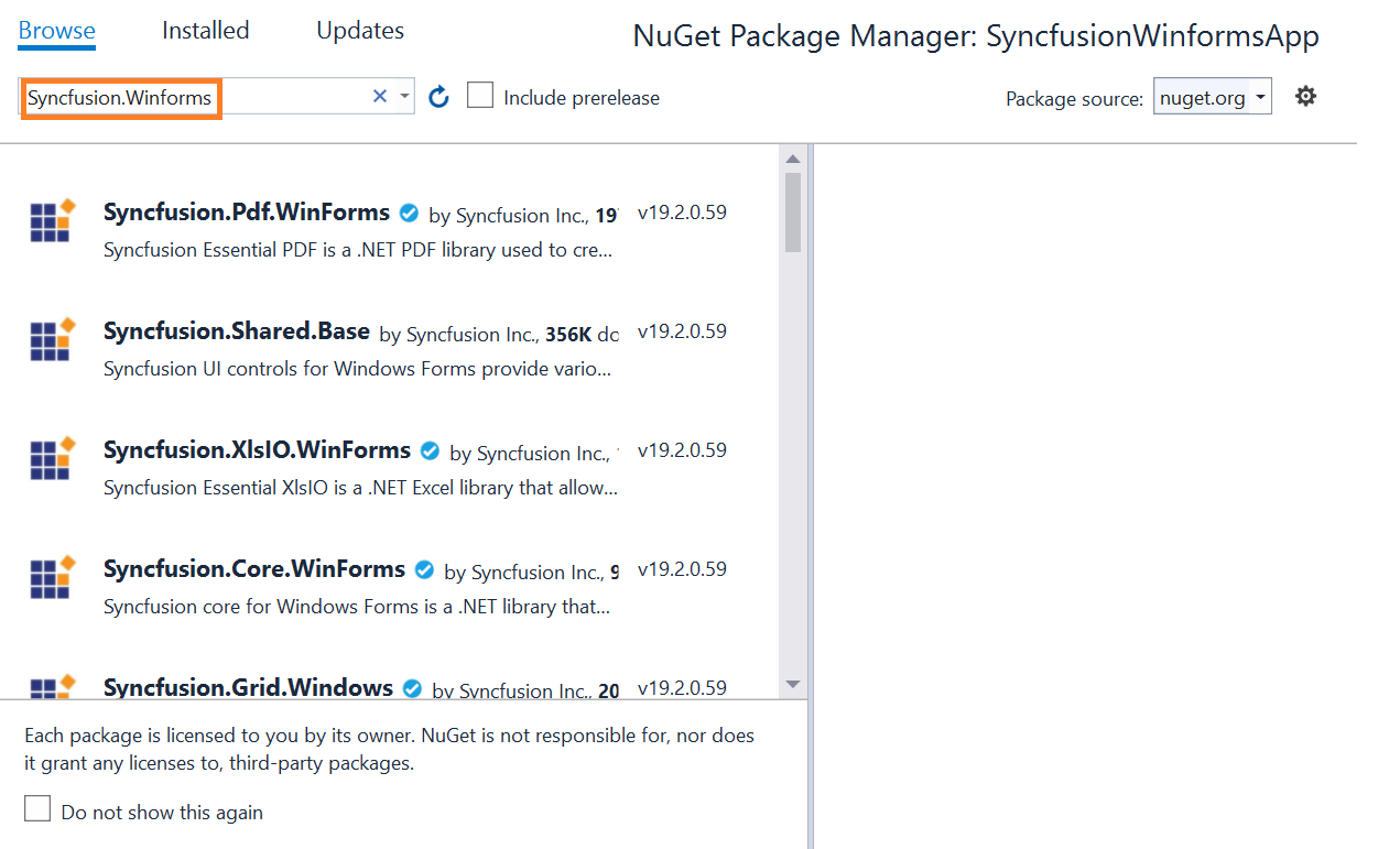 WinForms NuGet Packages Search