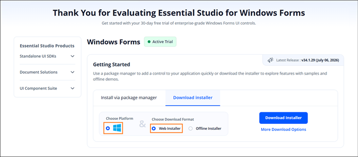 Trial and downloads of Syncfusion Essential Studio