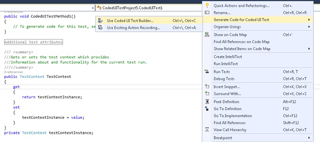 open the CodedUITestBuilder from existing project