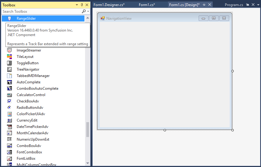 Windows Forms range slider control added by designer