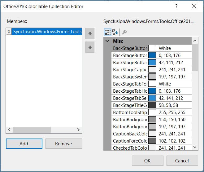WindowsForms Ribbon Office 2016 Color Table adding