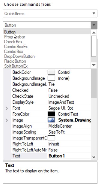 Shows Quick items list and property window of item