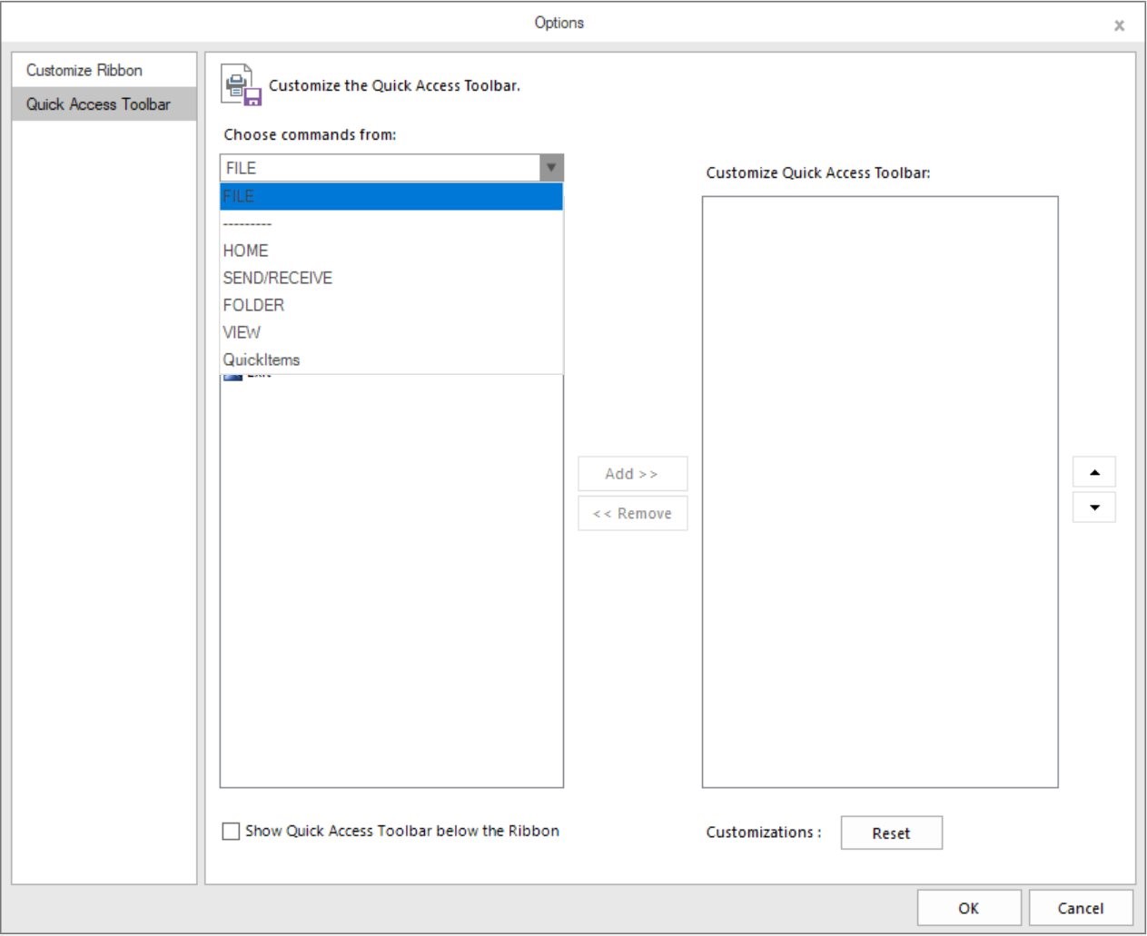 Shows the Customize window to add the backstage item