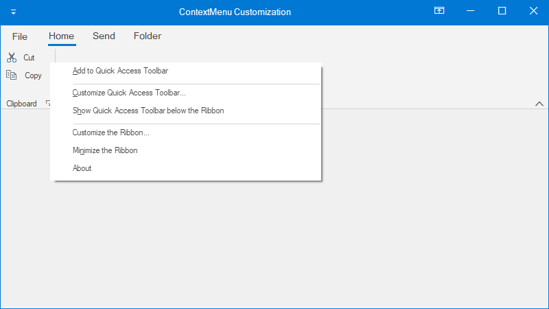 WinForms RibbonControlAdv Context menu customization