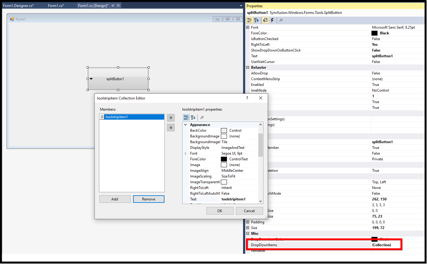 WindowsForms Split Button properties pane