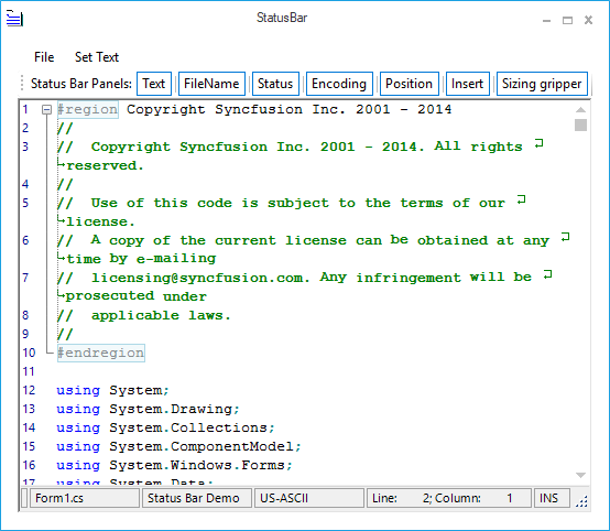Status bar for syntax editor