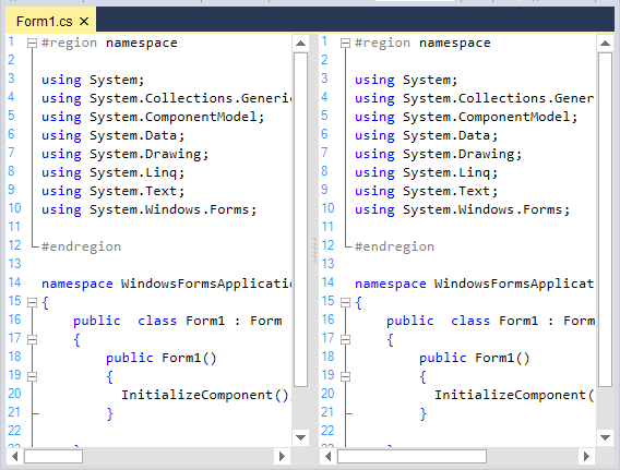 Vertical split view syntax editor