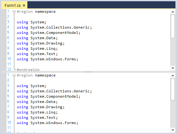 Horizontal split view syntax editor
