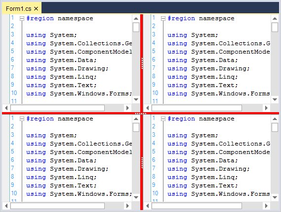 Syntax editor split by horizontal and vertical by red color splitter