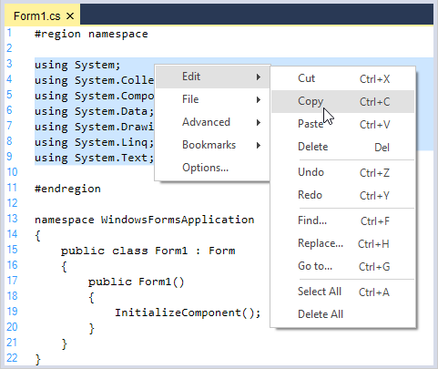 Context menu option for edit and file operation in syntax editor