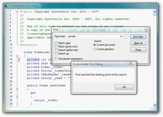 Displays Find dialog with alert message box