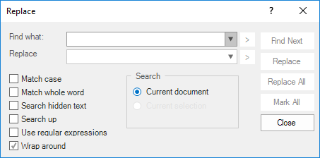 Displays Find and Replace dialog