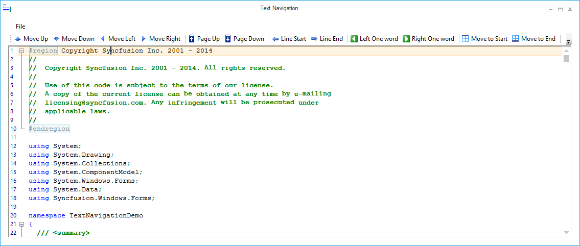 Syntax Editor with navigation options by character, word and line