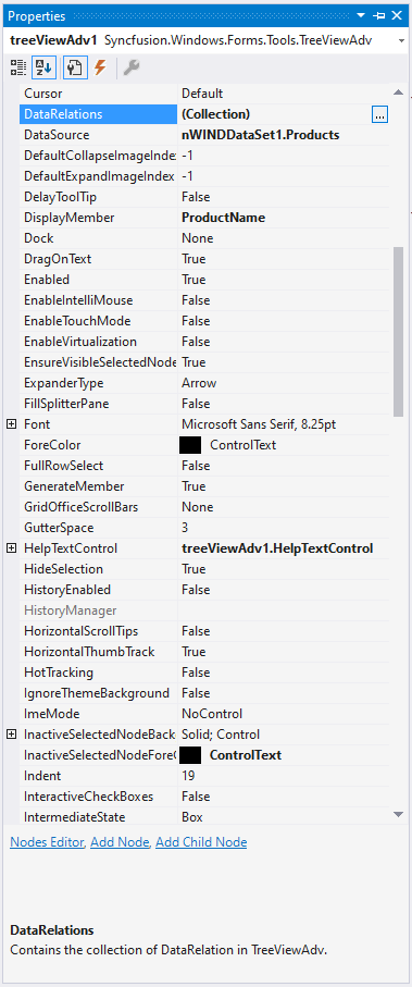 WinForms TreeViewAdv DataRelations choosing through the visual studio