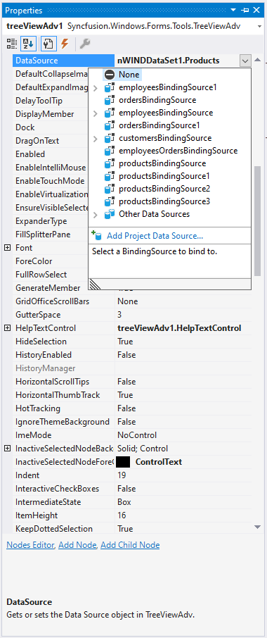 WinForms TreeViewAdv Datasource choosing through the visual studio