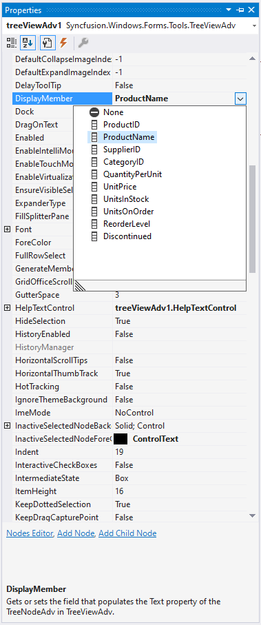 WinForms TreeViewAdv display member choosing through the visual studio