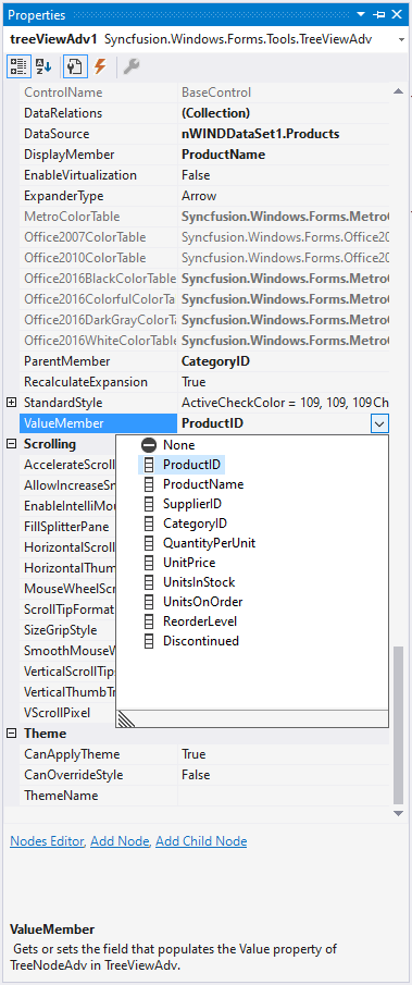WinForms TreeViewAdv value member choosing through the visual studio
