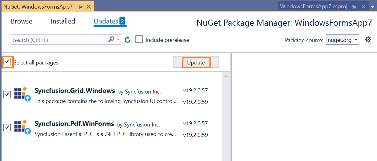 Select multiple Syncfusion NuGet packages for upgrade