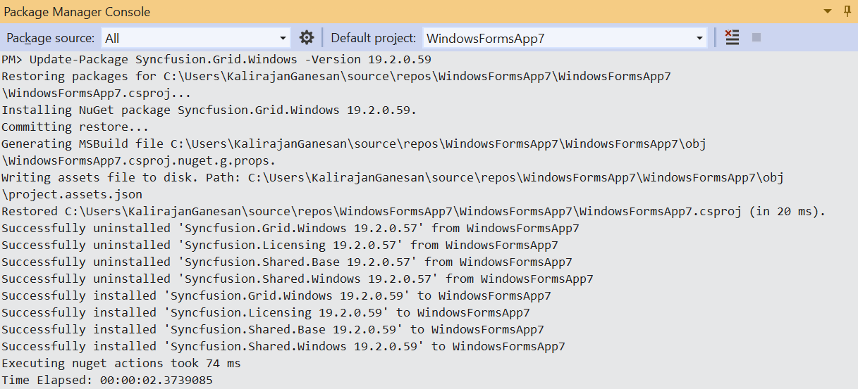 Package Manager Console Output