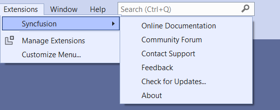 Syncfusion check for updates menu