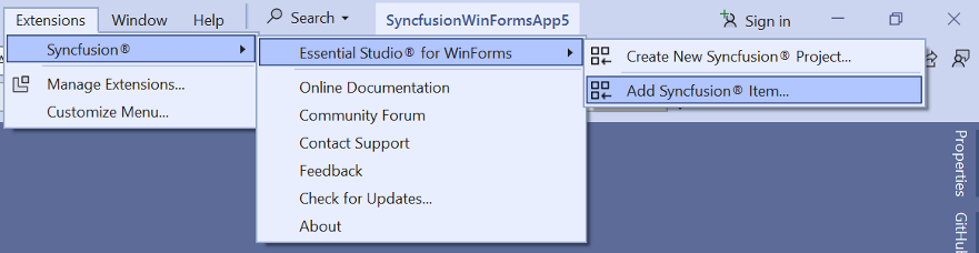 Choose Add Syncfusion Item option from menu