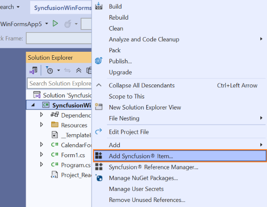 Choose Add Syncfusion Item option from right click project