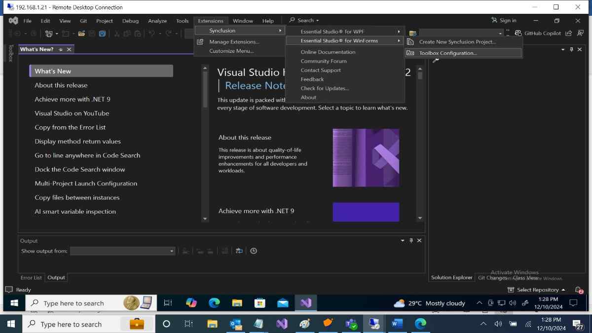 Syncfusion Menu when Selected Syncfusion WinForms application in Visual Studio