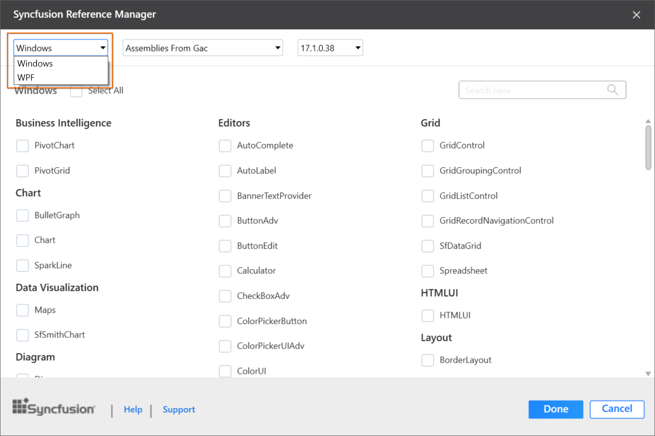 Platform selection option in Syncfusion Reference Manager